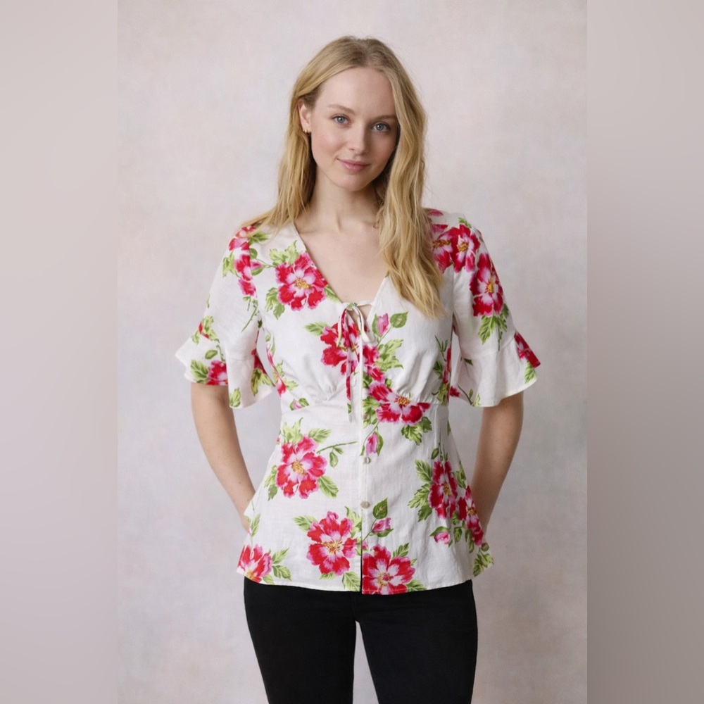 LC Lauren Conrad Floral‎ Linen Blend Peplum Blouse Pink White XL Boho Top